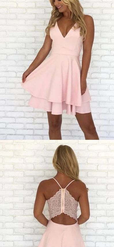 Cute Spaghetti Strap A Line Pink Short Homecoming Dresses c2926