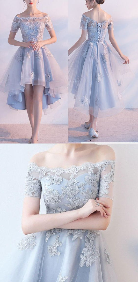 Sexy Short Sleeves Lace Appliques Homecoming Dresses High Low Prom Hoco Dress c2991