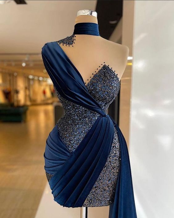 Navy Blue Velvet Sparkly Short Formal Train One Shoulder Short Prom Dresses Pleated Evening Gowns Sexy Party Dress c3075