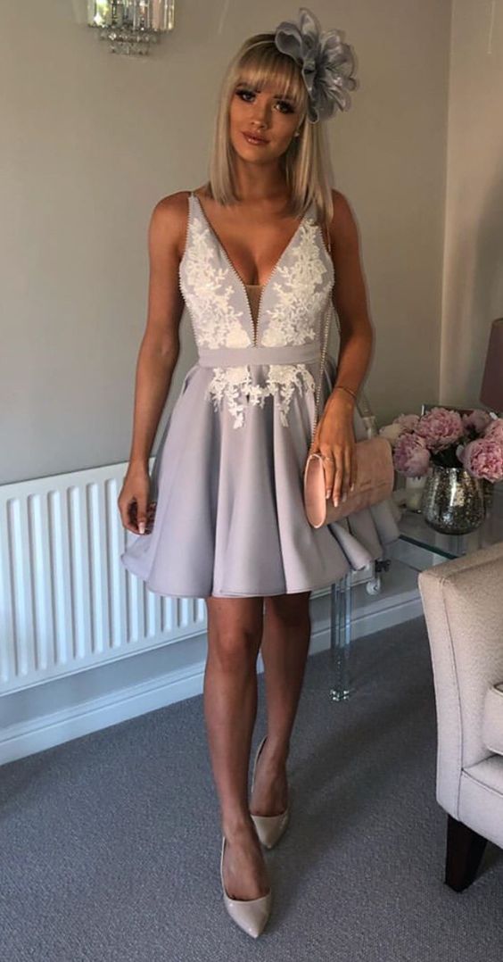 Silver Satin V-neck Homecoming Dresses Short Lace Appliques Prom Gowns c3067