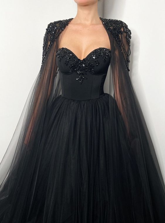 Black Gothic crystal beaded corset wedding tulle dress, elegant beaded alternive bride dress, long black cape black prom dress c2895