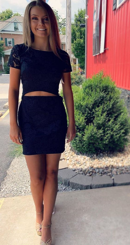 navy short homecoming dresses, fashion cut out short party dresses, short sleeves homecoming dresses for teens c3026