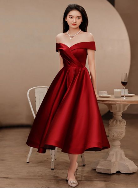 Wine Red Satin Tea Length Bridesmaid Dress Party Dress, Burgundy Satin Homecoming Dress c2978