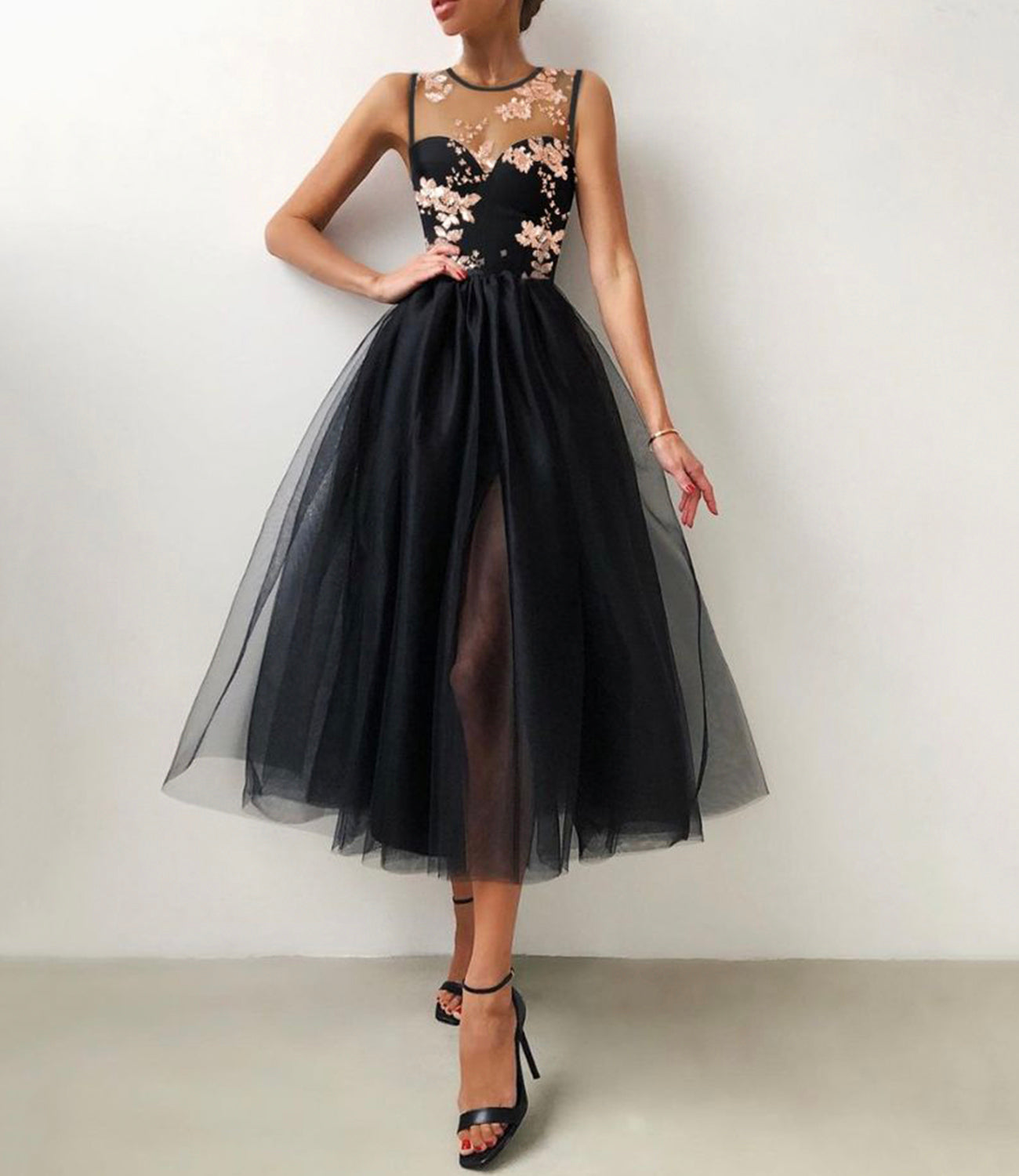 Black tulle lace short prom dress party dress c2959