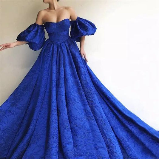 Blue Puff Half Sleeves Evening Dress Lace Prom Dress c2891