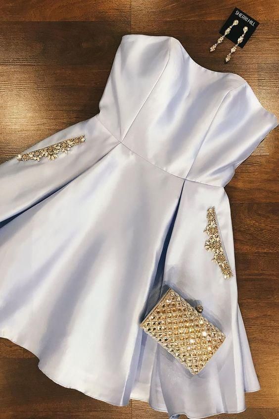 A Line Strapless Light Blue Short Homecoming Dress With Pockets Beading c3048