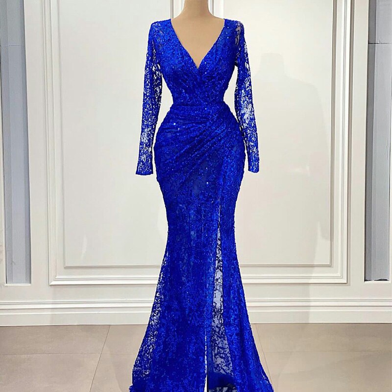 Royal Blue Mermaid Evening Gowns V Neck Long Sleeve Side Split Evening Gowns Red Carpet Illusion Prom Dress c2872