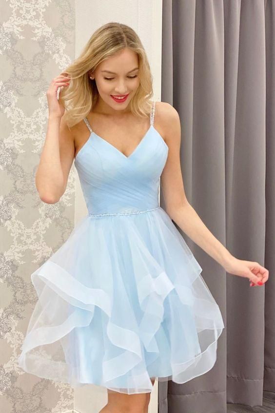 Light Blue Homecoming Dress, Short Prom Dress, Back to School Party Gown c3065
