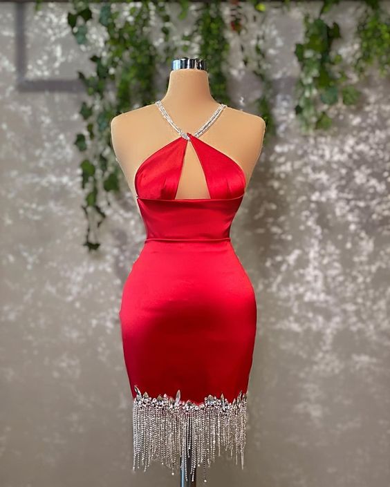 Red Haler Neckline Party Dress With Tassel Buttom c3069
