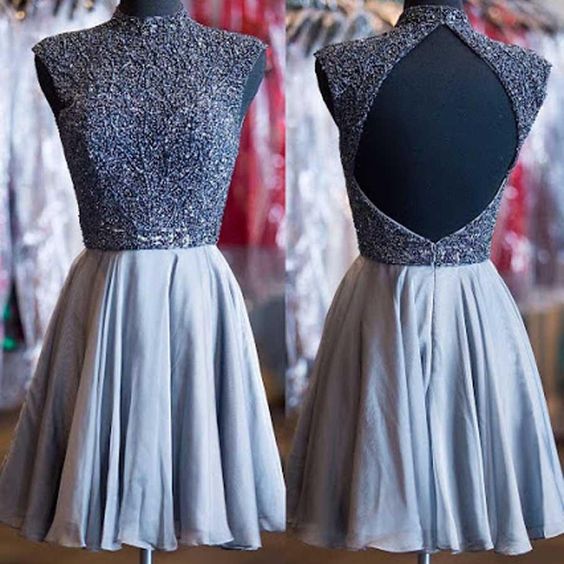 Grey beads sparkly high neck open back vintage elegant homecoming dress c3076