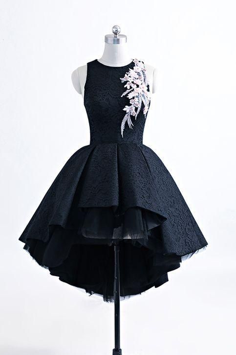 Black satin high low homecoming dress, short black halter homecoming dress c2993