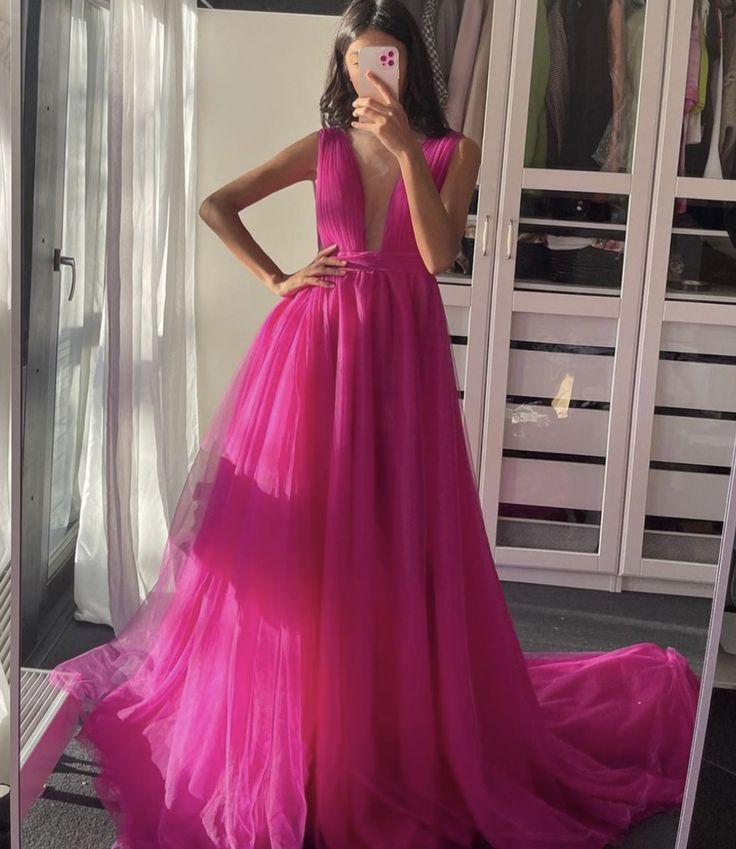 Pink tulle long prom dress pink evening dress c2957