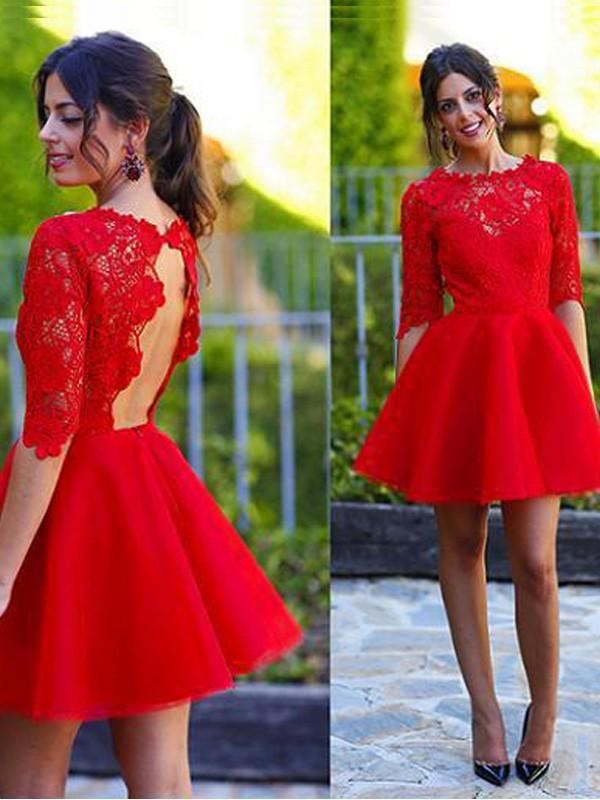 A-Line Princess Scoop 1/2 Sleeves Lace Short Homecoming Dresses c3016