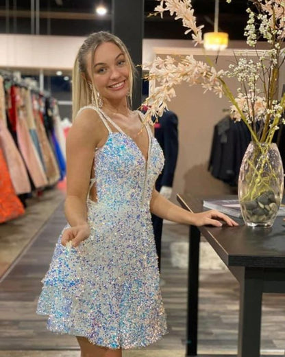 A-line White and Blue Sequined Party Dress c3055