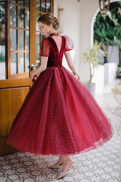 Elegant A line short prom dress burgundy evening dress c2824