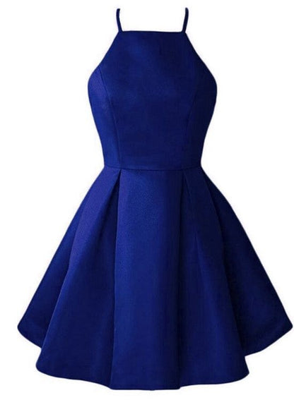 Blue Short Halter Satin Party Dresses, Short Prom Dresses , Blue Homecoming Dresses c2984