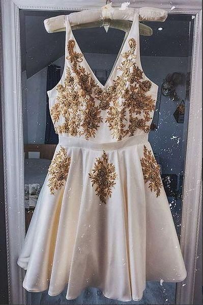 V-neck Sleeveless Homecoming Dress Appliques A-line party dress c3027