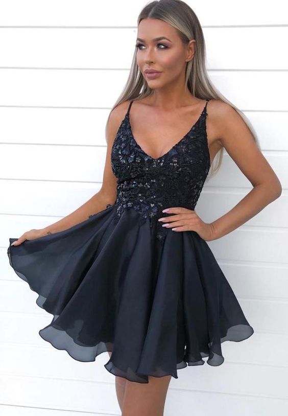 Black v neck sequins short homecoming dress c2992