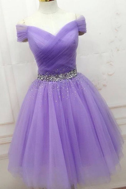 Lovely Light Purple Beaded Short Party Dress, Off Shoulder Homecoming Dress  c2919