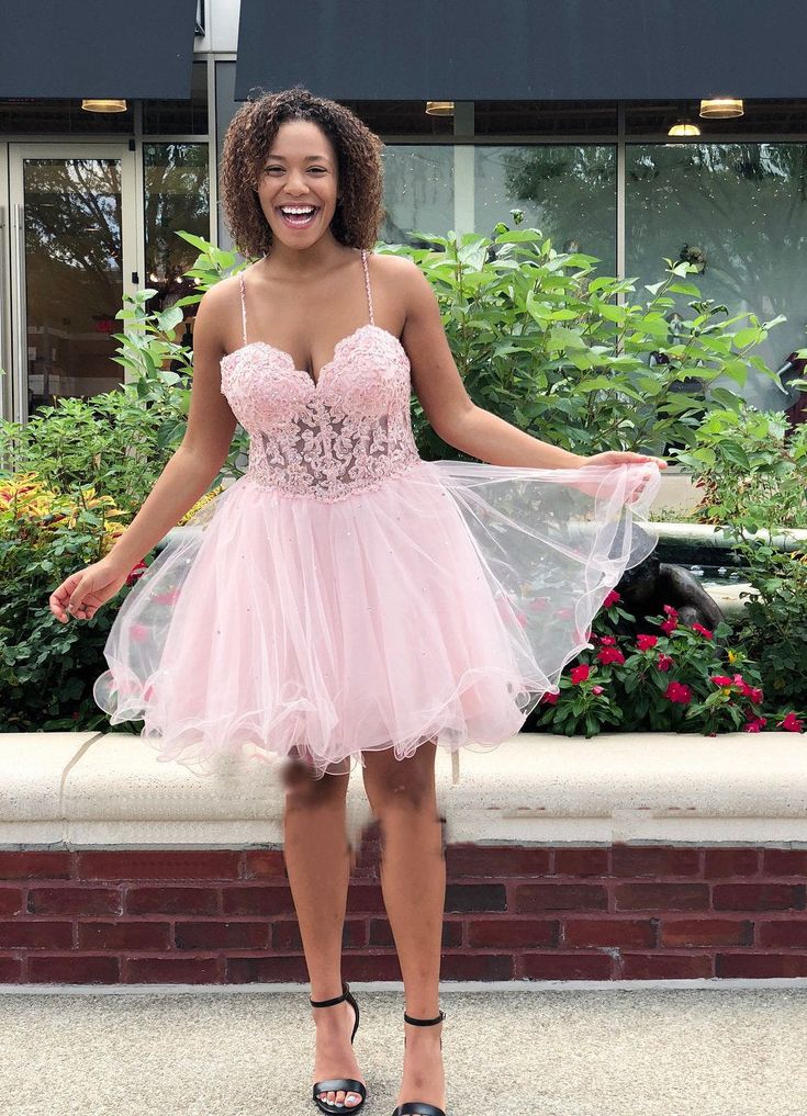 Pink Spaghetti Straps Sweetheart A Line Organza Pleated Lace Sexy Homecoming Dresses  c3044