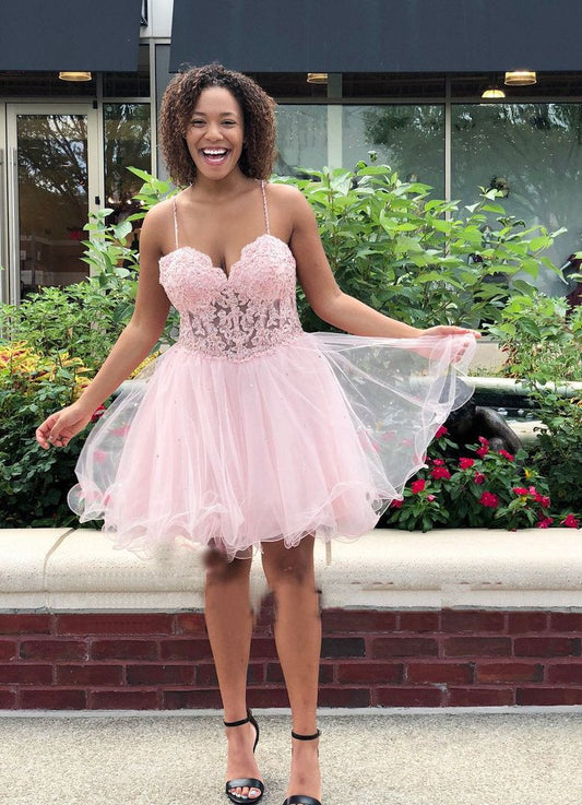 Pink Spaghetti Straps Sweetheart A Line Organza Pleated Lace Sexy Homecoming Dresses  c3044