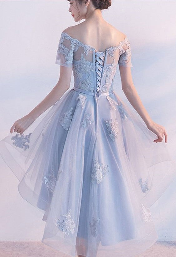 Light Blue High Low Elegant Prom Dress Lace Appliques Beaded Off Shoulder Short Sleeve Back Design Lace-up Short Homecoming Dresses c2763