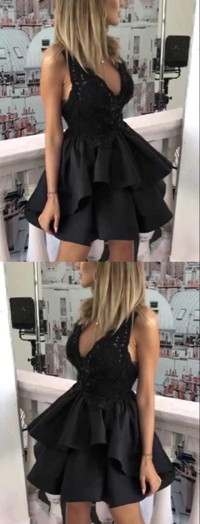 Short black Homecoming Dresses V-neck Party Dress c2994