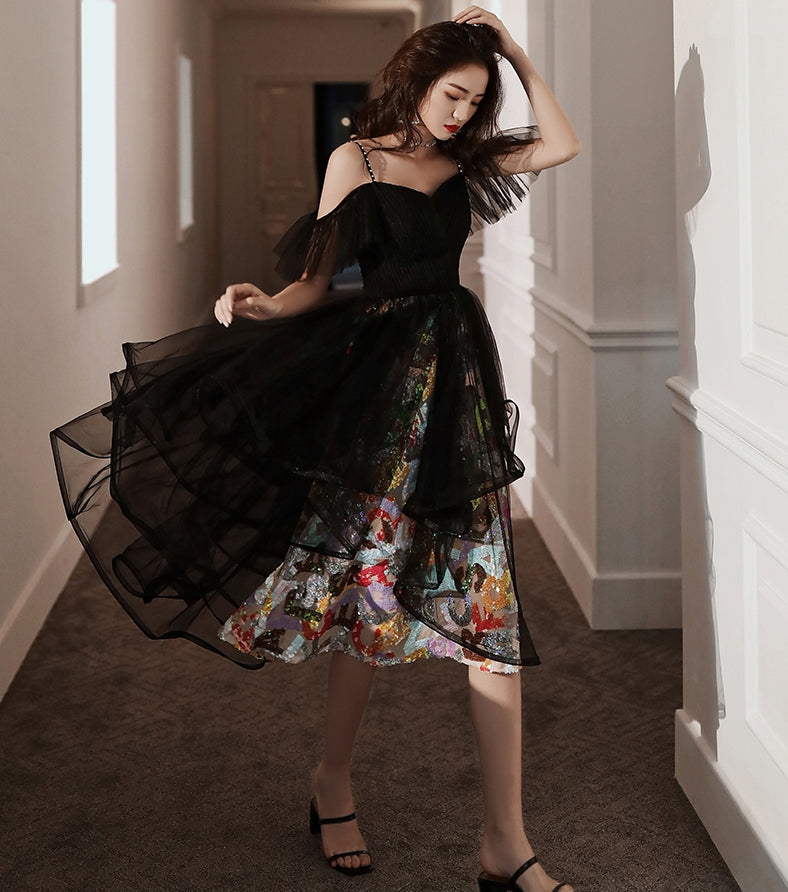 Unique design black tulle short prom dress c2960