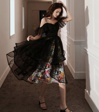Unique design black tulle short prom dress c2960