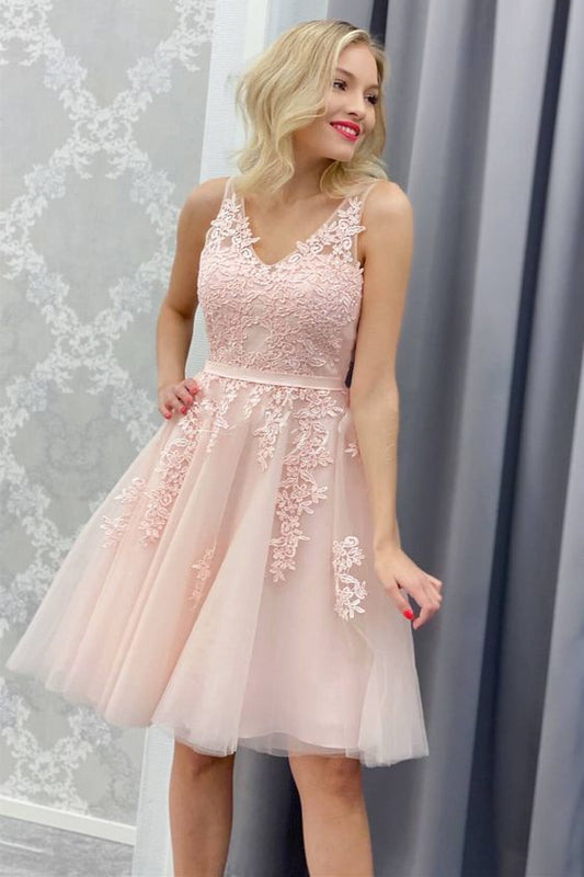 A-line Pink Short Homecoming Dress with Lace Appliques c3087