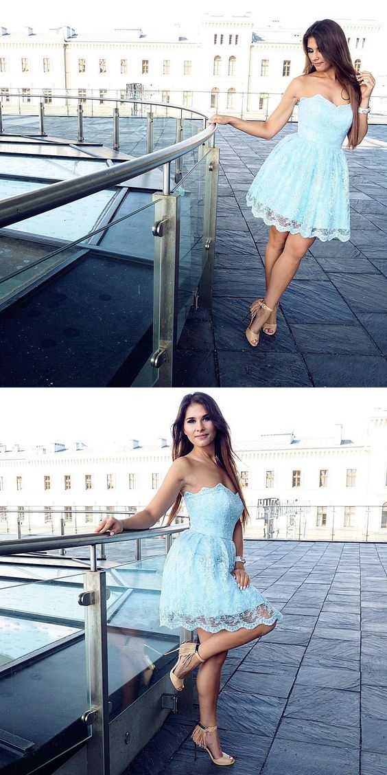 A-Line Sweetheart Blue Lace Short Homecoming Dress c3023