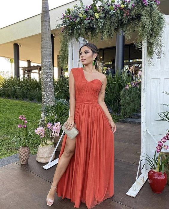 Orange Flowy One-Shoulder Gown Classic Prom Dress c2862