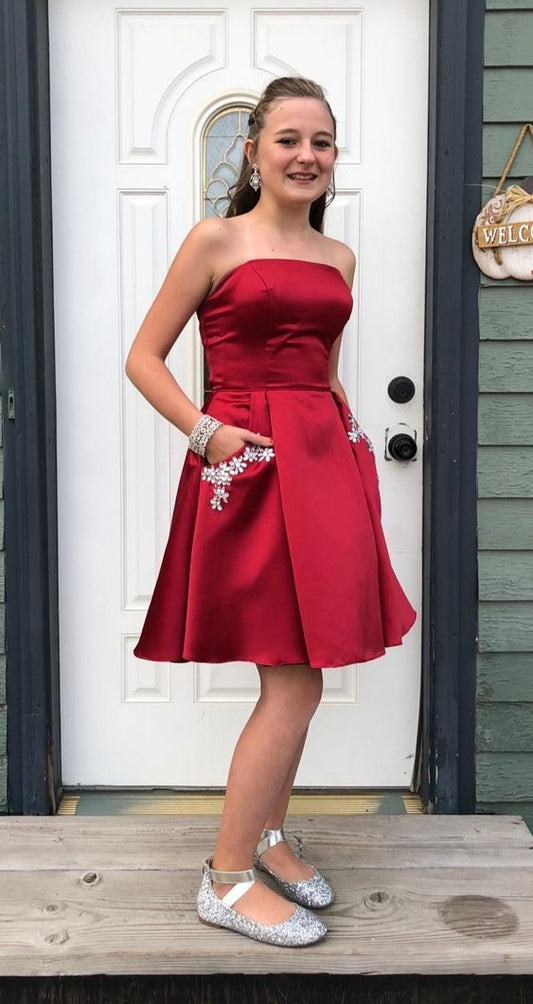 A Line Strapless Short Homecoming Dress With Pockets Beading c3018