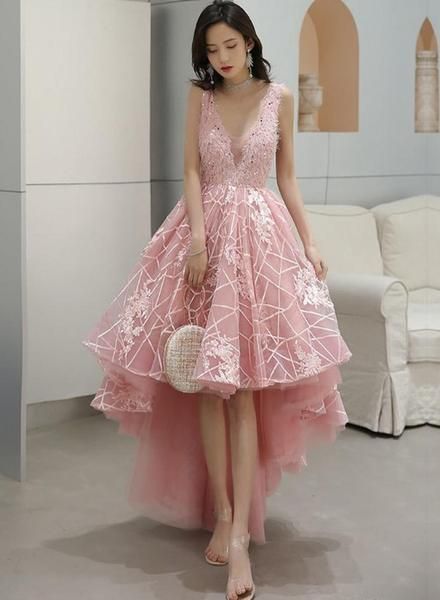 Pink V-Neckline Tulle Lace High Low Party Dress, Pink Formal Dress Homecoming Dress c2976