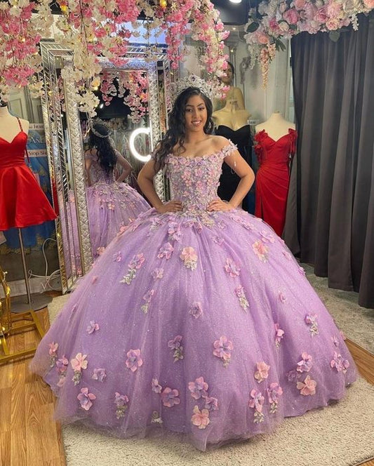 Lilac Quinceanera Dress With Flowers Ball Gown Sweet 16 Dress Elegant Tulle Ball Gown 3D Flowers Princess Evening Dress 15 Lovely c2755