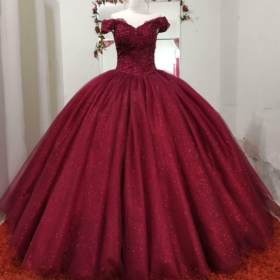 Burgundy Off the Shoulder Quinceanera Dresses Ball Gown Lace Ball Gown Sweet 16 Dress c3079