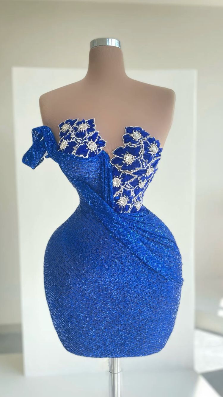 New Arrival Royal Blue Sequins Homecoming Dress Flowers floral pattern  c3072