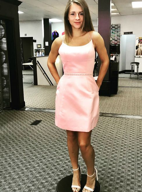 Pink Satin Double Straps Beading Waist Homecoming Dress With Pocket  c3031