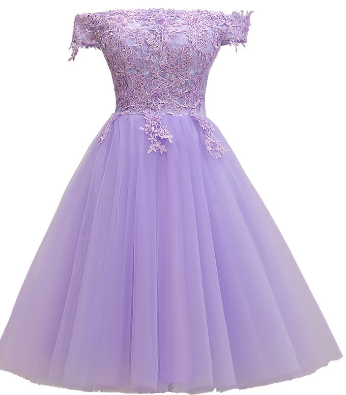 Light Purple Lace And Tulle Off The Shoulder Homecoming Dress, Short Party Dress c2779