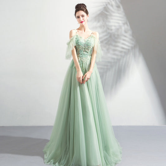 Green tulle lace long prom dress, evening dress c2898