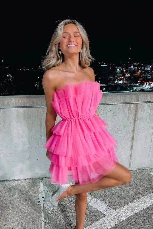 Hot Pink Strapless Tiered Short Homecoming Dress, Tulle Back to School Dress c2944