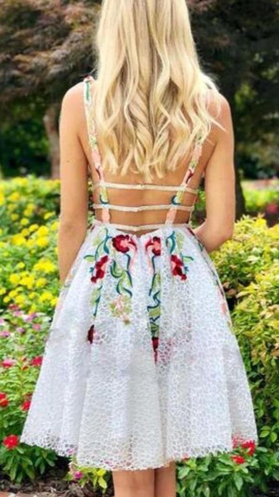 Pretty Deep V Neck Sleeveless A Line Applique Short Homecoming Dress c2819