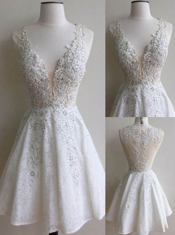 Dress, Ivory Lace Homecoming Dress,Short Prom Dress, Special Ocassion Dress, White Prom Dress,Gorgeous V-neck Prom Dress,Formal Prom Dress,Graduation Dress c3077