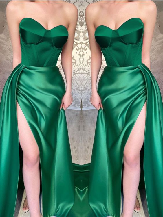 Long Emerald Green Corset Satin Prom Dress With Leg Slit c2792