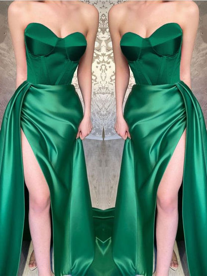 Long Emerald Green Corset Satin Prom Dress With Leg Slit c2792