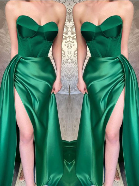Long Emerald Green Corset Satin Prom Dress With Leg Slit c2792