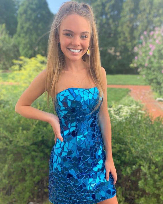 Glitter Bodycon Strapless Peacock blue Sequin Mini Evening Dress Sexy Party Dress c2809