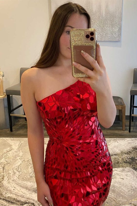 One-Shoulder Red Cut Glass Mirror Fitted Mini Homecoming Dress Short Prom Dress c2810