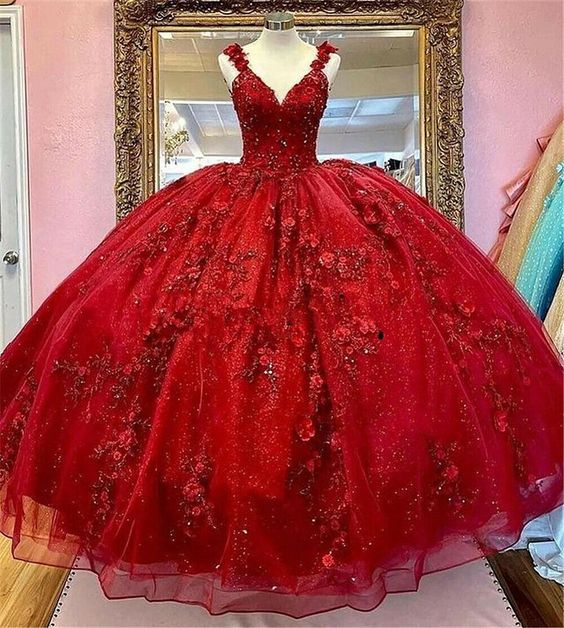 Red Quinceanera Dresses 3D Flowers Appliques Top Beaded Ball Gown Sweet 16 Dress  c2761