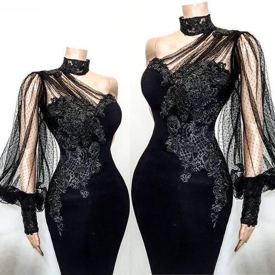 One shoulder black long prom dress, lace prom dress c2737